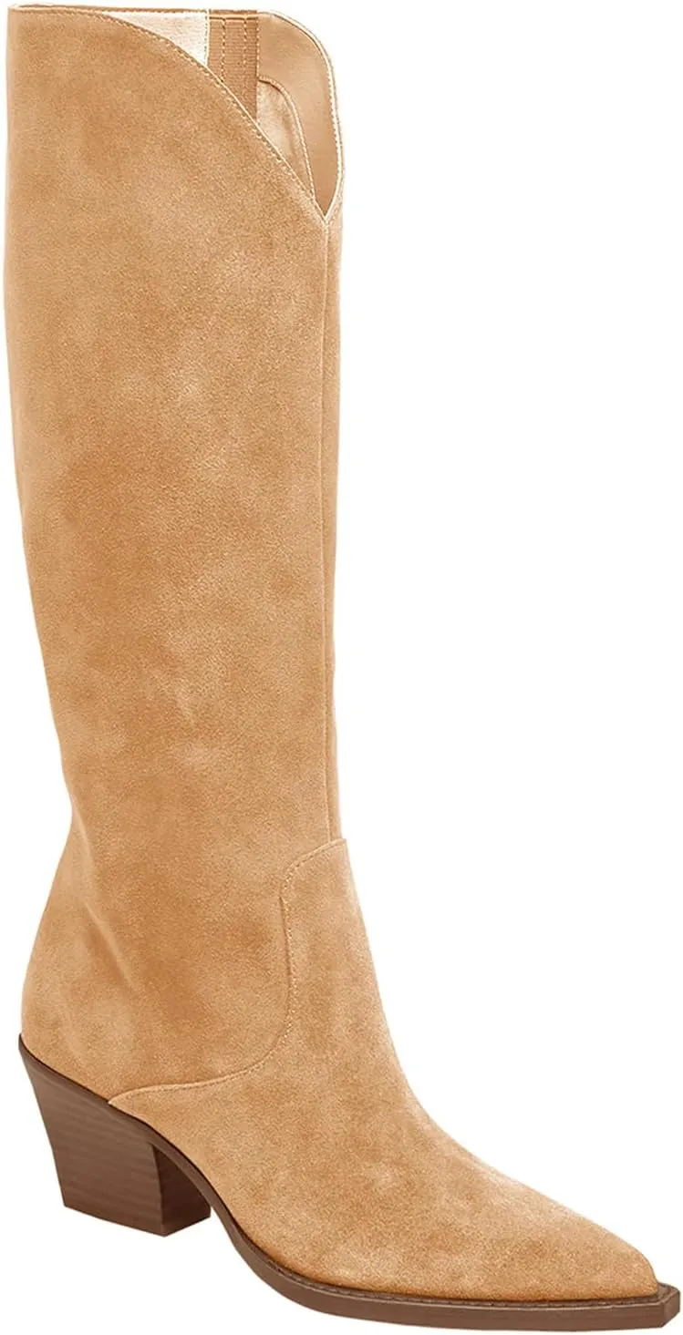 Coutgo Womens Wide Calf Cowboy Boots Suede Knee High Chunky Heel Pointed Toe Western Cowgirl Boots
