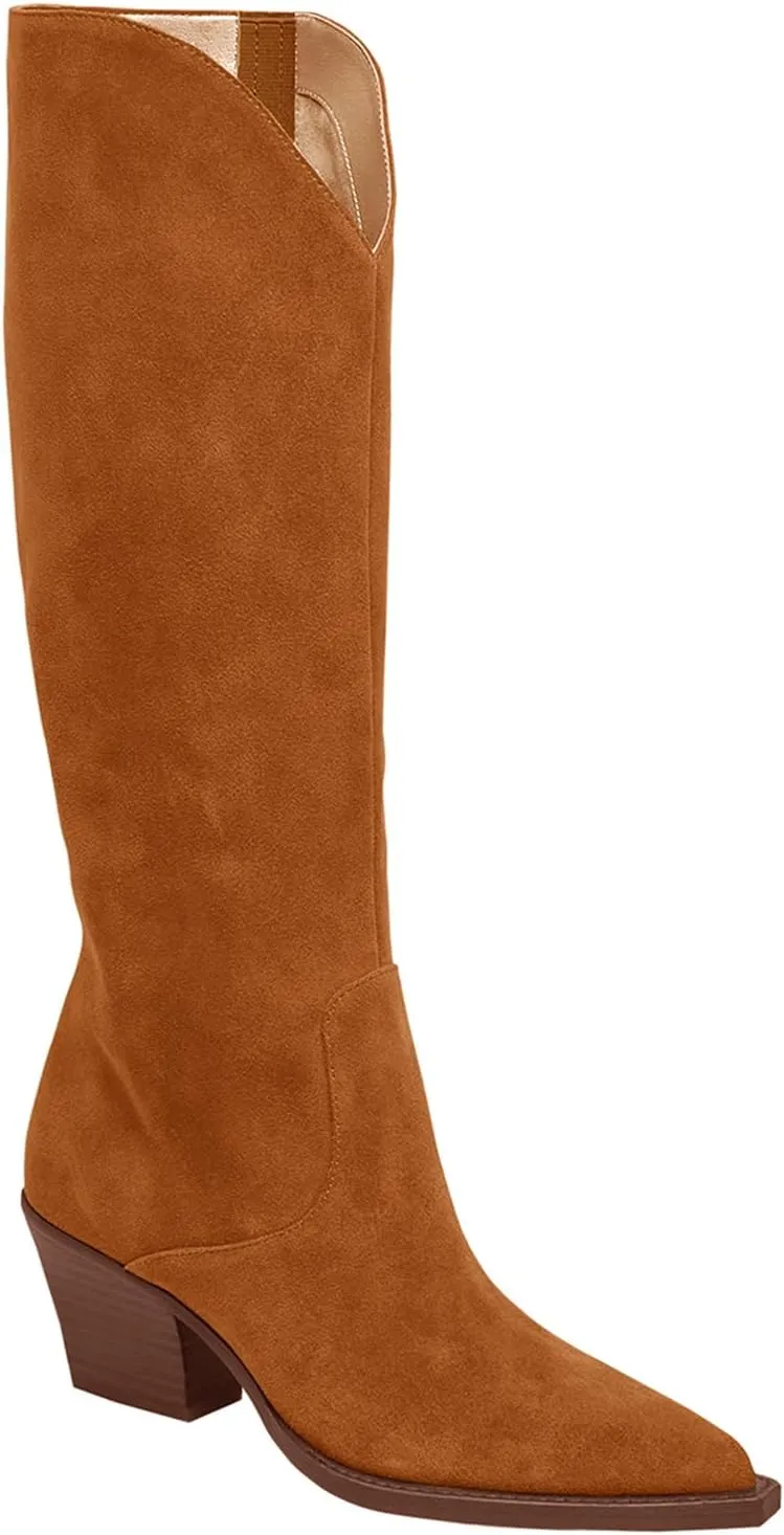 Coutgo Womens Wide Calf Cowboy Boots Suede Knee High Chunky Heel Pointed Toe Western Cowgirl Boots
