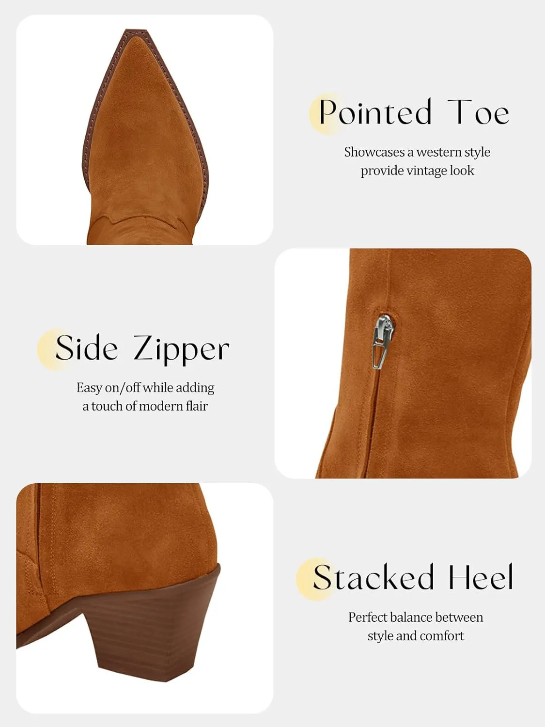 Coutgo Womens Wide Calf Cowboy Boots Suede Knee High Chunky Heel Pointed Toe Western Cowgirl Boots