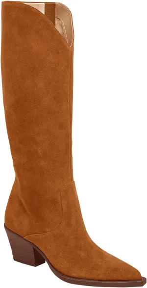 Coutgo Womens Wide Calf Cowboy Boots Suede Knee High Chunky Heel Pointed Toe Western Cowgirl Boots
