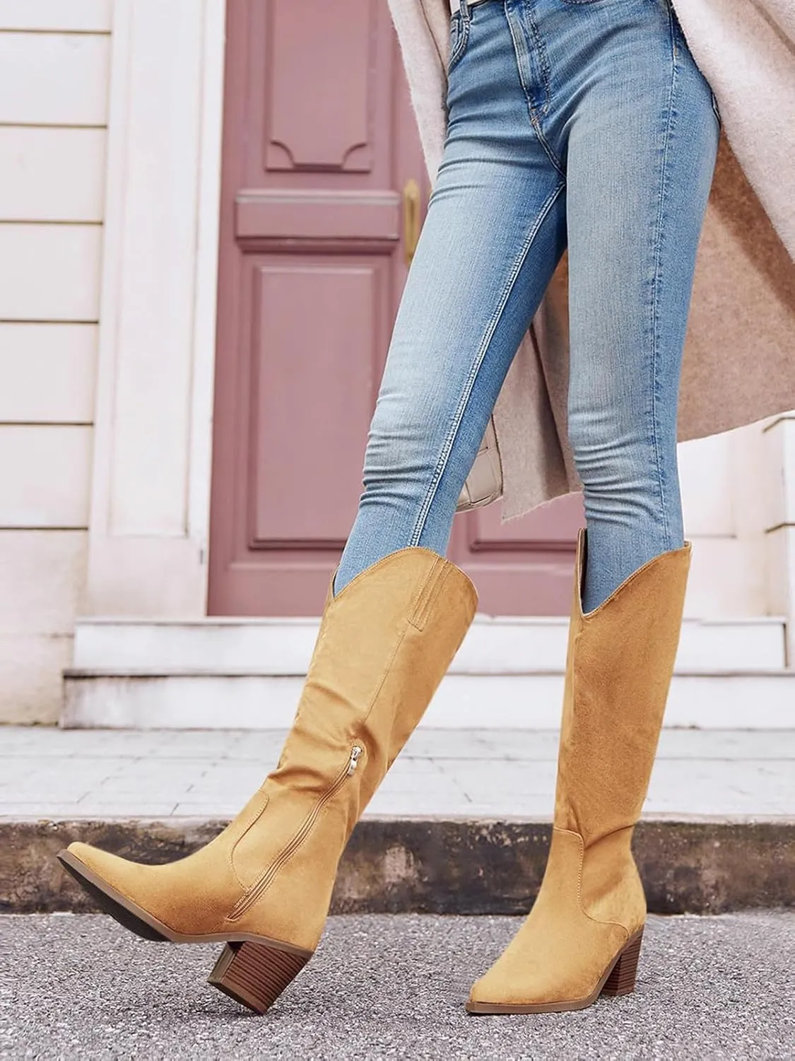 Coutgo Womens Wide Calf Cowboy Boots Suede Knee High Chunky Heel Pointed Toe Western Cowgirl Boots