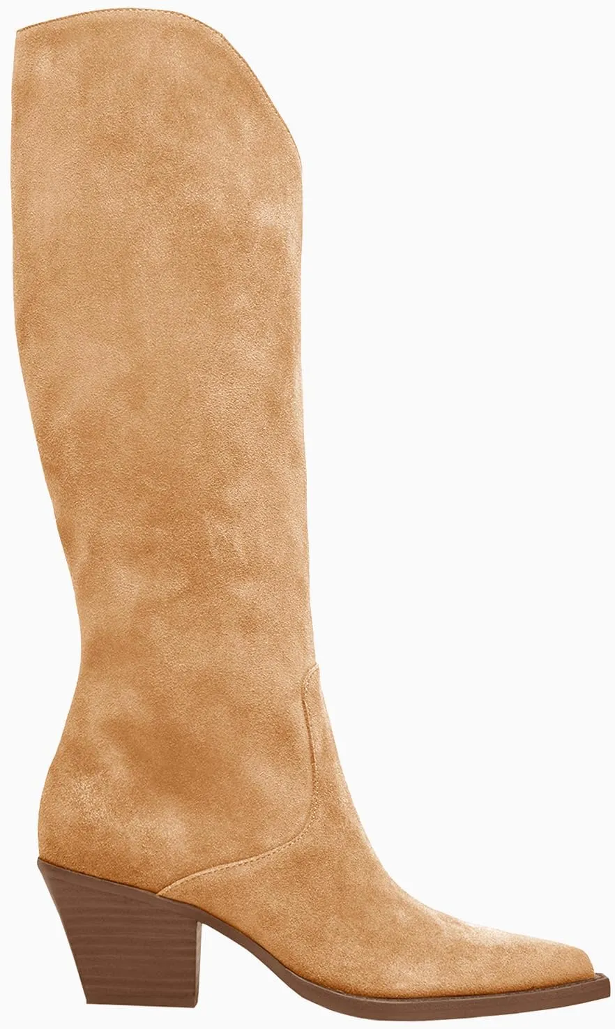 Coutgo Womens Wide Calf Cowboy Boots Suede Knee High Chunky Heel Pointed Toe Western Cowgirl Boots