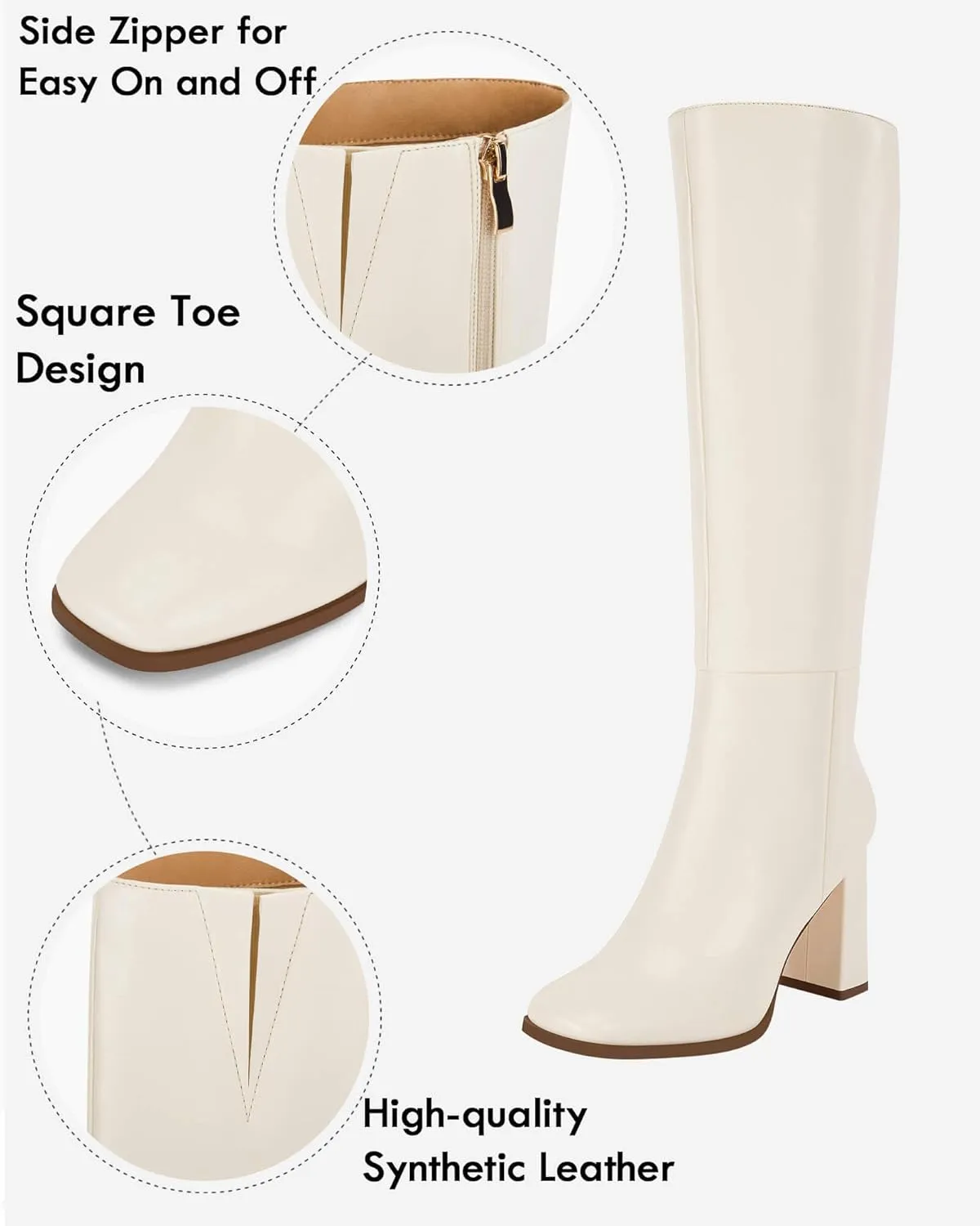Coutgo Womens Wide Calf Knee High Boots Chunky High Heel Square Toe Fashion Leather Shoes with Side Zipper