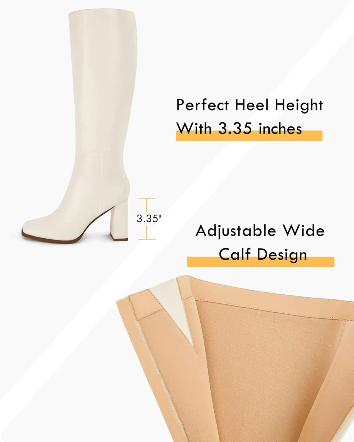 Coutgo Womens Wide Calf Knee High Boots Chunky High Heel Square Toe Fashion Leather Shoes with Side Zipper