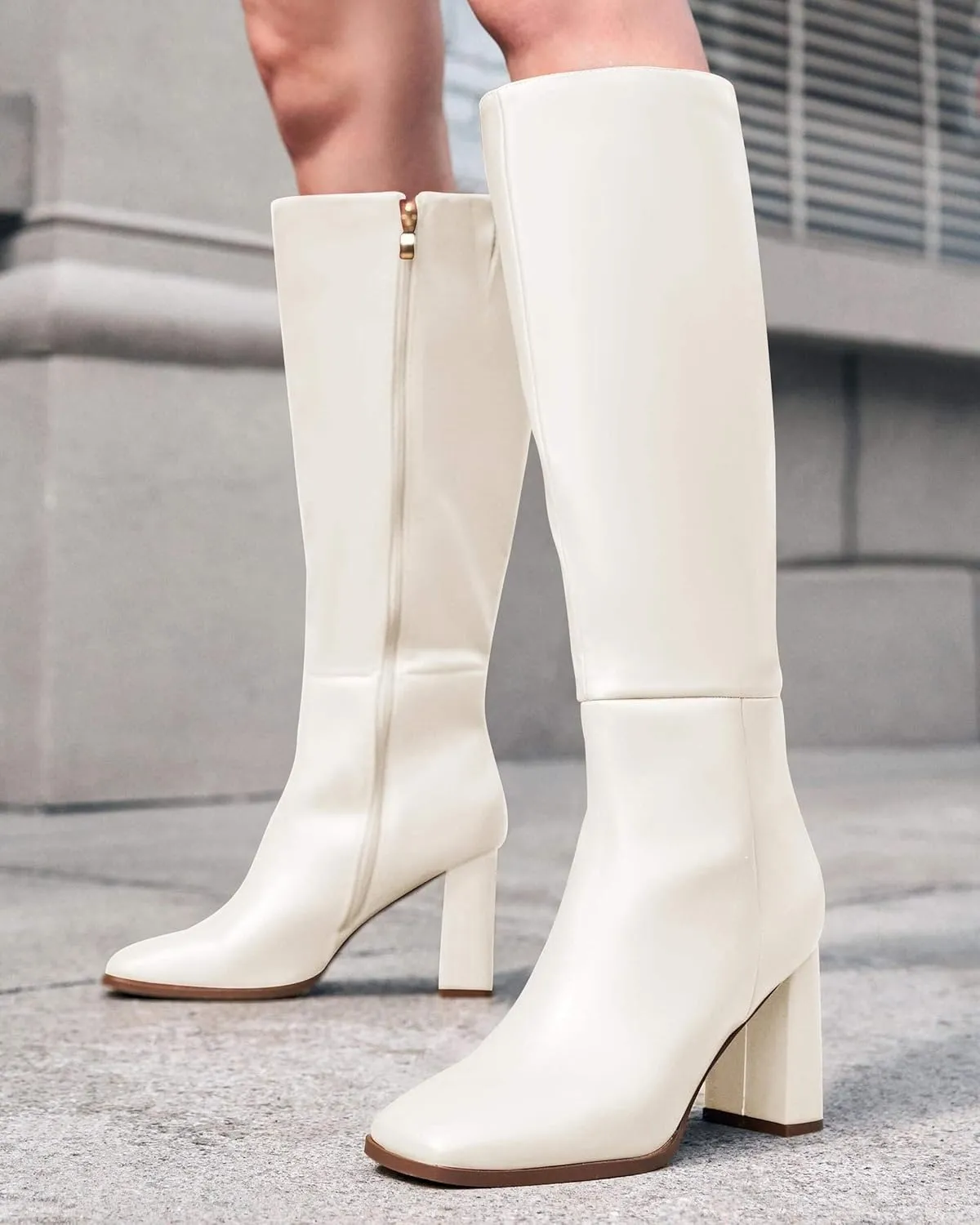 Coutgo Womens Wide Calf Knee High Boots Chunky High Heel Square Toe Fashion Leather Shoes with Side Zipper