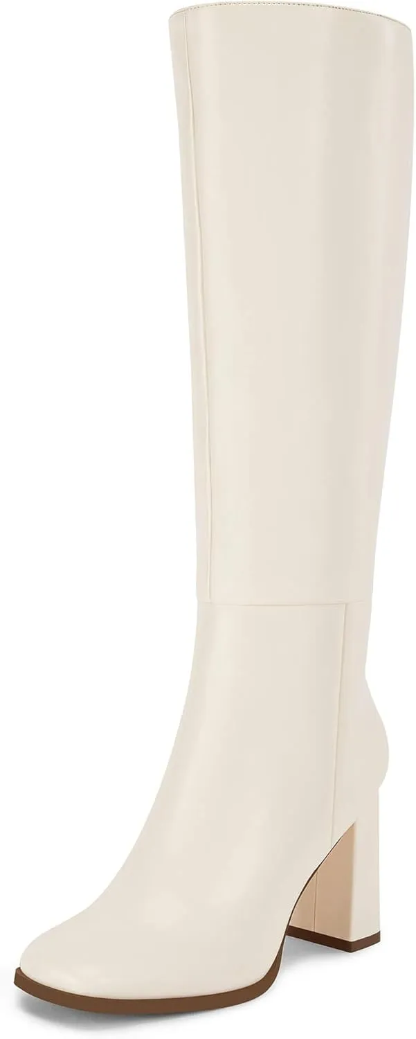 Coutgo Womens Wide Calf Knee High Boots Chunky High Heel Square Toe Fashion Leather Shoes with Side Zipper