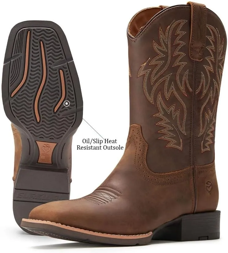 Cowboy Boots For Men - Mens Sport Wide Square Toe Western Boot,Oil/Slip Resistant,Durable Fashionable Classic Pull on 10 Inch Wellington Boots - Soft Toe Work Boots