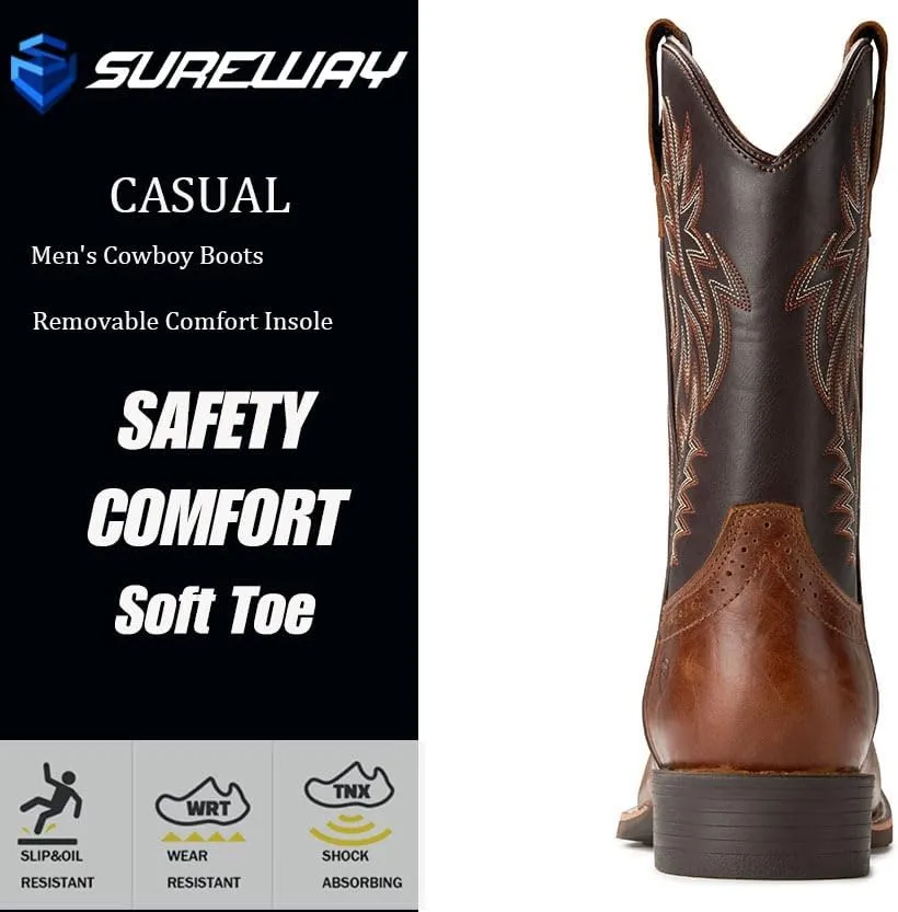 Cowboy Boots For Men - Mens Sport Wide Square Toe Western Boot,Oil/Slip Resistant,Durable Fashionable Classic Pull on 10 Inch Wellington Boots - Soft Toe Work Boots