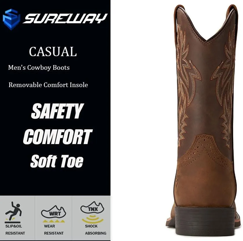 Cowboy Boots For Men - Mens Sport Wide Square Toe Western Boot,Oil/Slip Resistant,Durable Fashionable Classic Pull on 10 Inch Wellington Boots - Soft Toe Work Boots