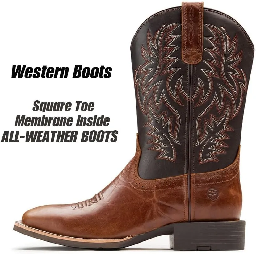 Cowboy Boots For Men - Mens Sport Wide Square Toe Western Boot,Oil/Slip Resistant,Durable Fashionable Classic Pull on 10 Inch Wellington Boots - Soft Toe Work Boots