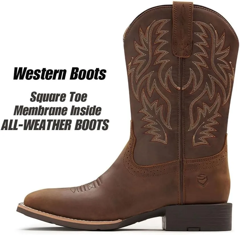 Cowboy Boots For Men - Mens Sport Wide Square Toe Western Boot,Oil/Slip Resistant,Durable Fashionable Classic Pull on 10 Inch Wellington Boots - Soft Toe Work Boots