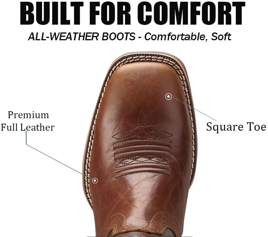 Cowboy Boots For Men - Mens Sport Wide Square Toe Western Boot,Oil/Slip Resistant,Durable Fashionable Classic Pull on 10 Inch Wellington Boots - Soft Toe Work Boots