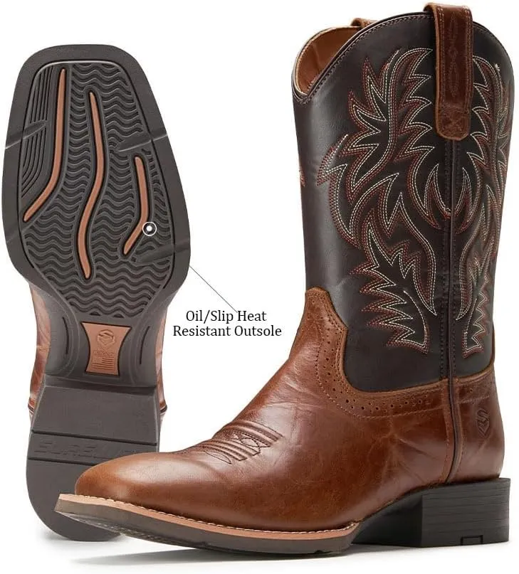 Cowboy Boots For Men - Mens Sport Wide Square Toe Western Boot,Oil/Slip Resistant,Durable Fashionable Classic Pull on 10 Inch Wellington Boots - Soft Toe Work Boots