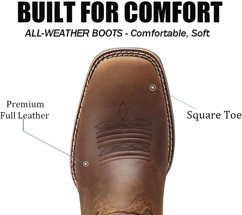 Cowboy Boots For Men - Mens Sport Wide Square Toe Western Boot,Oil/Slip Resistant,Durable Fashionable Classic Pull on 10 Inch Wellington Boots - Soft Toe Work Boots