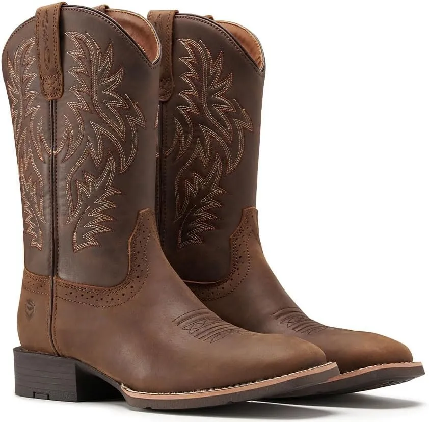 Cowboy Boots For Men - Mens Sport Wide Square Toe Western Boot,Oil/Slip Resistant,Durable Fashionable Classic Pull on 10 Inch Wellington Boots - Soft Toe Work Boots