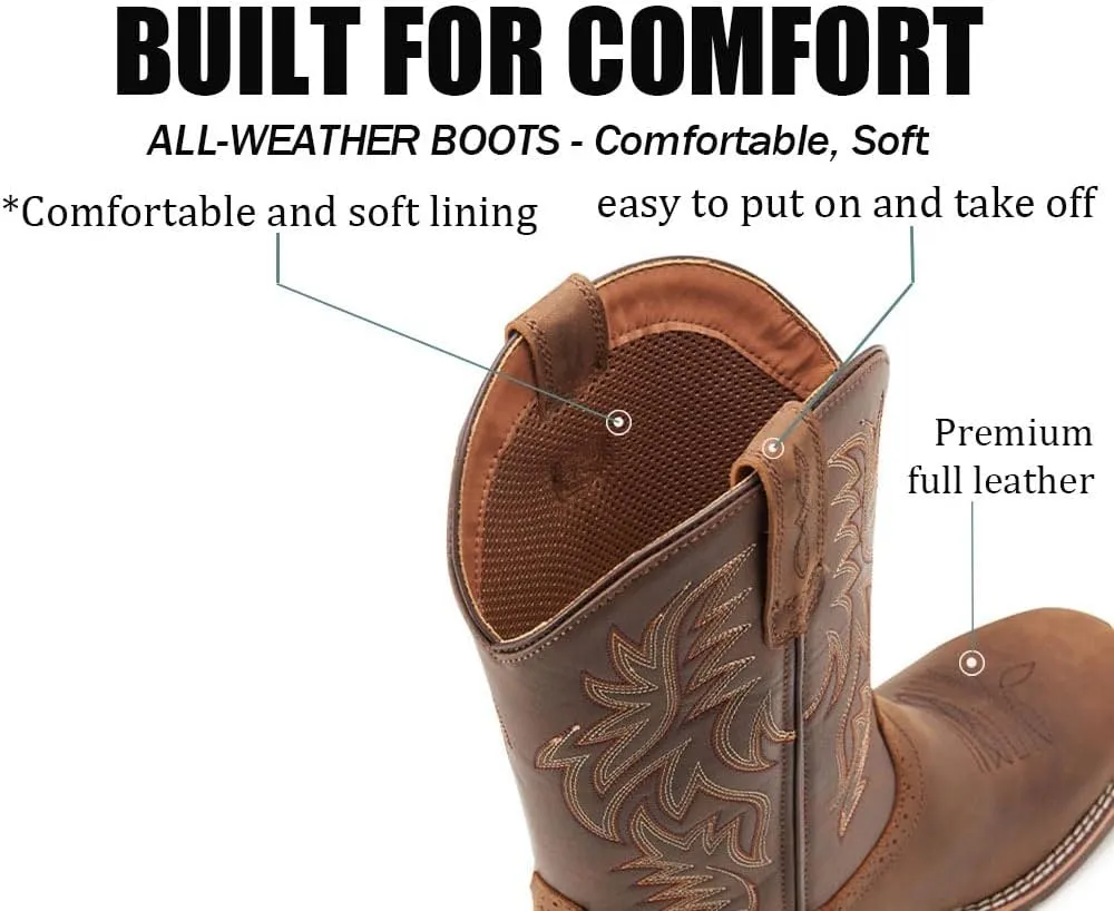 Cowboy Boots For Men - Mens Sport Wide Square Toe Western Boot,Oil/Slip Resistant,Durable Fashionable Classic Pull on 10 Inch Wellington Boots - Soft Toe Work Boots
