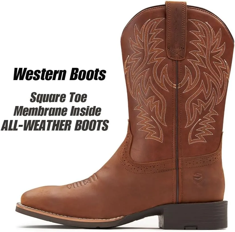 Cowboy Boots For Men - Mens Sport Wide Square Toe Western Boot,Oil/Slip Resistant,Durable Fashionable Classic Pull on 10 Inch Wellington Boots - Soft Toe