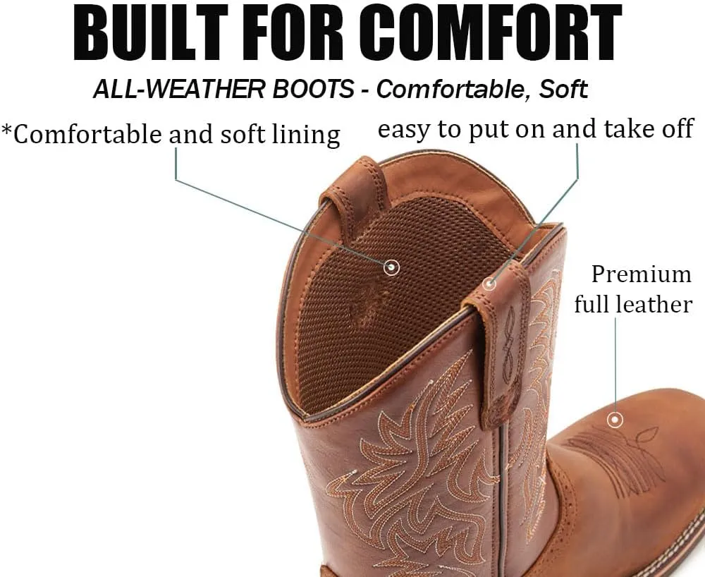 Cowboy Boots For Men - Mens Sport Wide Square Toe Western Boot,Oil/Slip Resistant,Durable Fashionable Classic Pull on 10 Inch Wellington Boots - Soft Toe