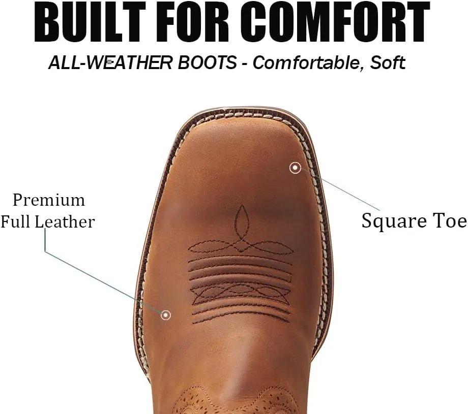 Cowboy Boots For Men - Mens Sport Wide Square Toe Western Boot,Oil/Slip Resistant,Durable Fashionable Classic Pull on 10 Inch Wellington Boots - Soft Toe