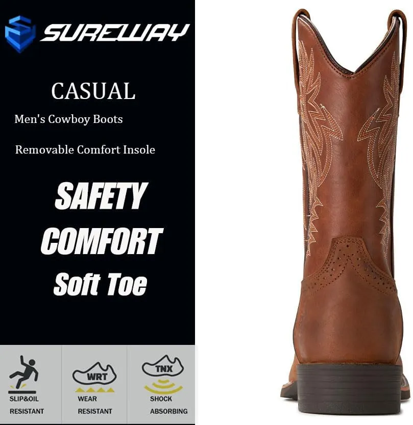 Cowboy Boots For Men - Mens Sport Wide Square Toe Western Boot,Oil/Slip Resistant,Durable Fashionable Classic Pull on 10 Inch Wellington Boots - Soft Toe
