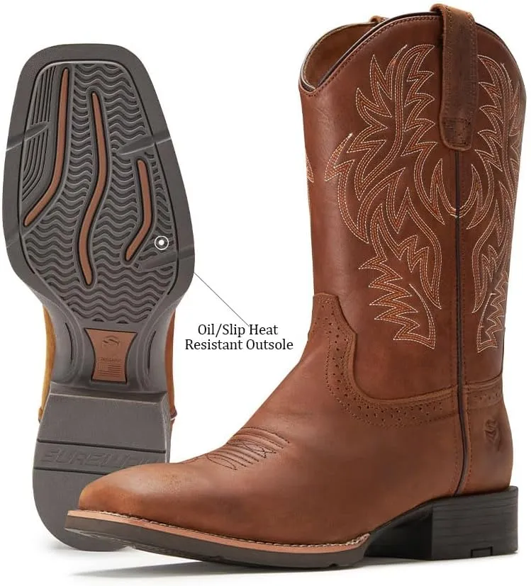 Cowboy Boots For Men - Mens Sport Wide Square Toe Western Boot,Oil/Slip Resistant,Durable Fashionable Classic Pull on 10 Inch Wellington Boots - Soft Toe
