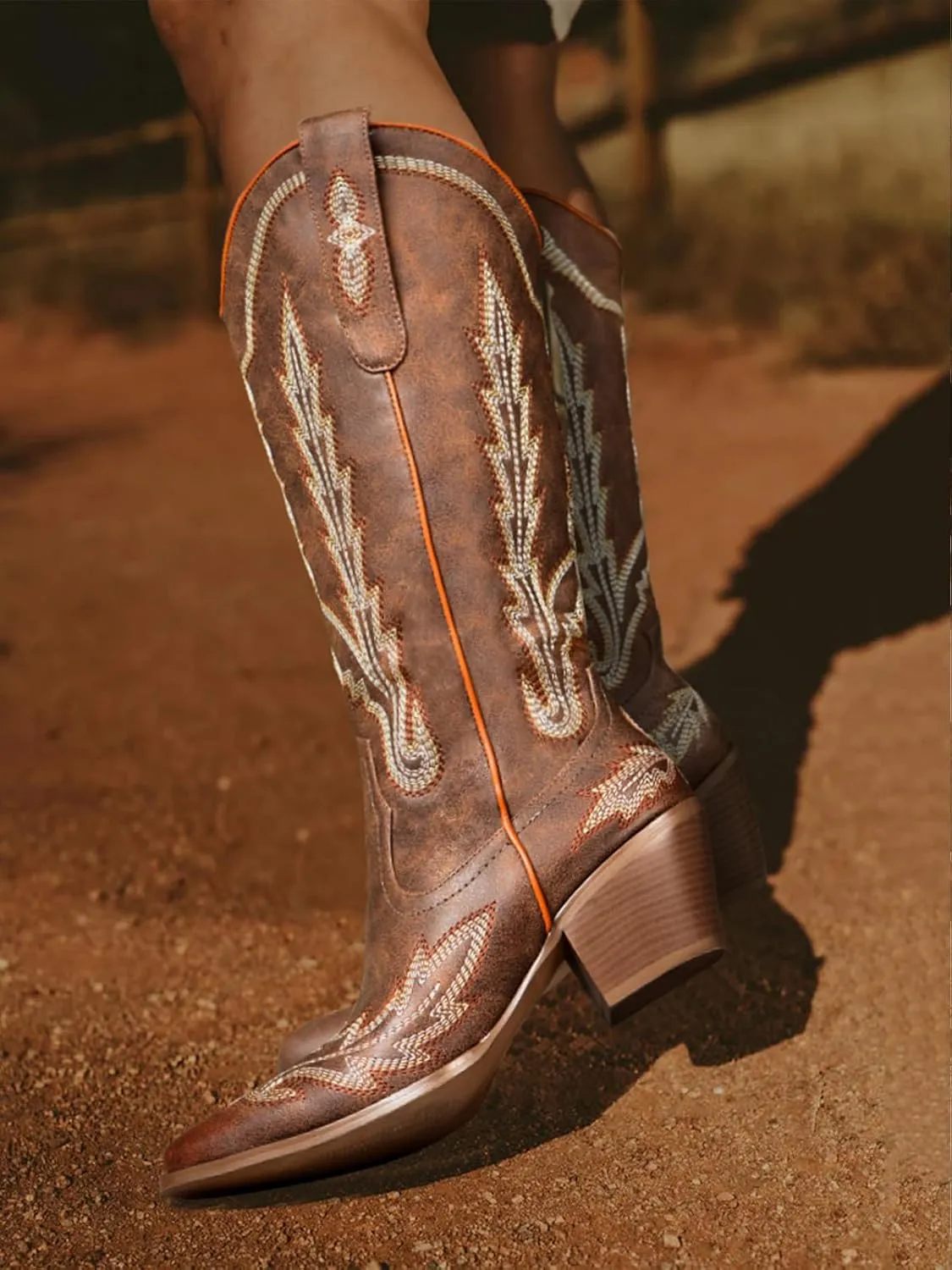 Cowboy Boots for Women Cowgirl Boots Mid Calf Western Country Pointed Toe Embroidery Chunky Heel Pull On Red
