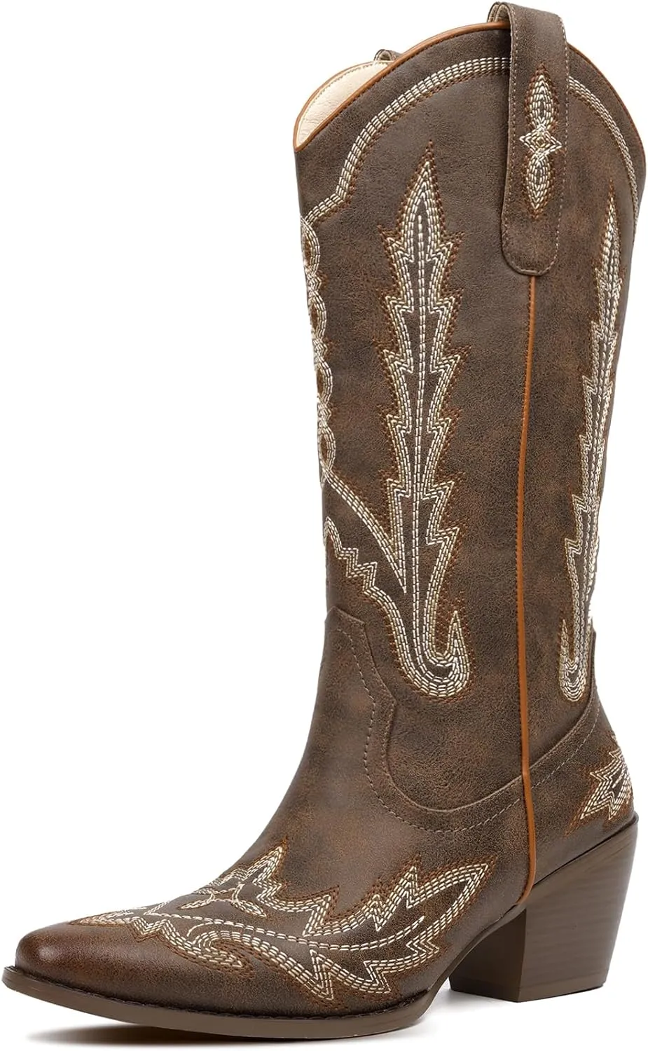 Cowboy Boots for Women Cowgirl Boots Mid Calf Western Country Pointed Toe Embroidery Chunky Heel Pull On Red