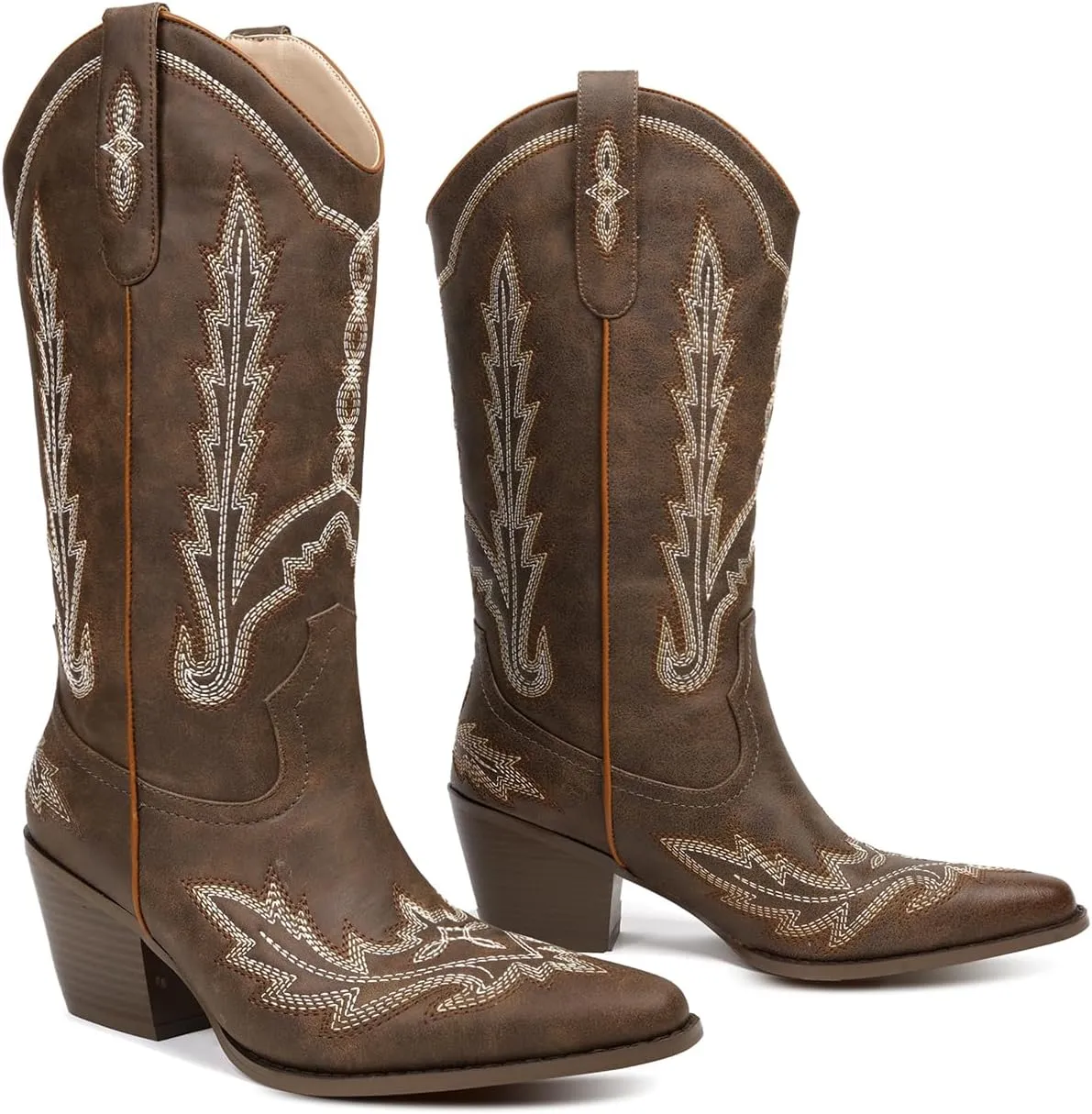 Cowboy Boots for Women Cowgirl Boots Mid Calf Western Country Pointed Toe Embroidery Chunky Heel Pull On Red