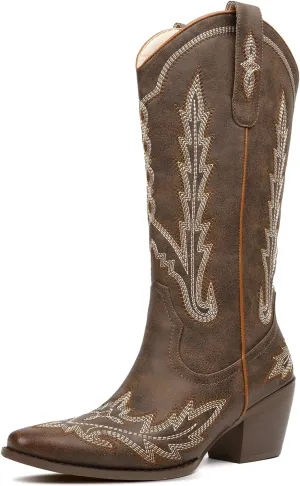 Cowboy Boots for Women Cowgirl Boots Mid Calf Western Country Pointed Toe Embroidery Chunky Heel Pull On Red