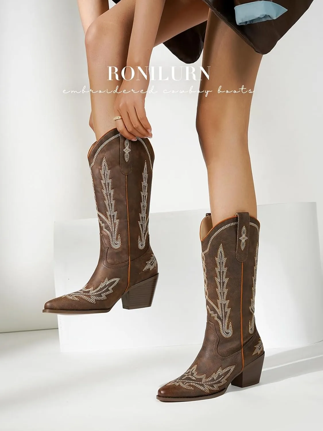 Cowboy Boots for Women Cowgirl Boots Mid Calf Western Country Pointed Toe Embroidery Chunky Heel Pull On Red