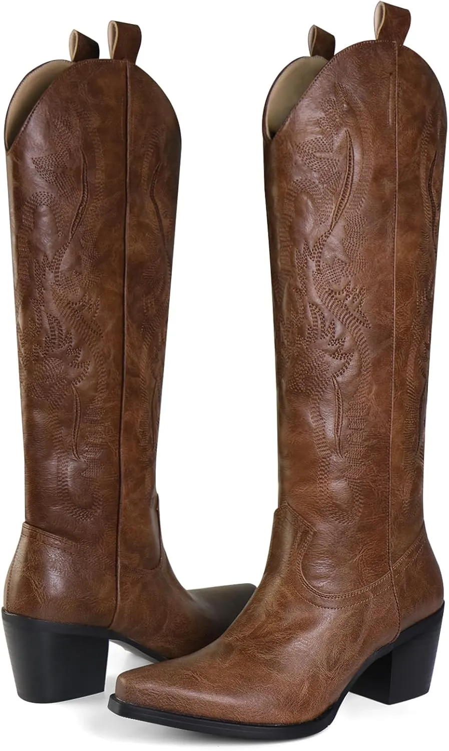 Cowboy Boots for Women Knee High Boots Pointy Toe Suede Boots with Embroidered Chunky Heel Western Cowgirl Boots
