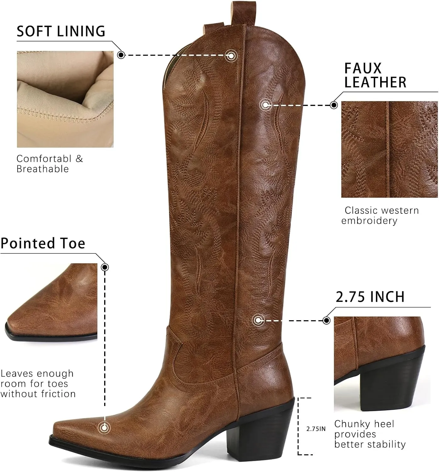 Cowboy Boots for Women Knee High Boots Pointy Toe Suede Boots with Embroidered Chunky Heel Western Cowgirl Boots