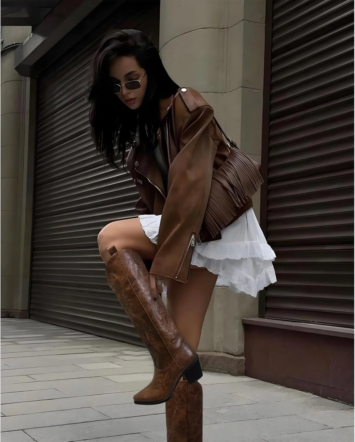 Cowboy Boots for Women Knee High Boots Pointy Toe Suede Boots with Embroidered Chunky Heel Western Cowgirl Boots