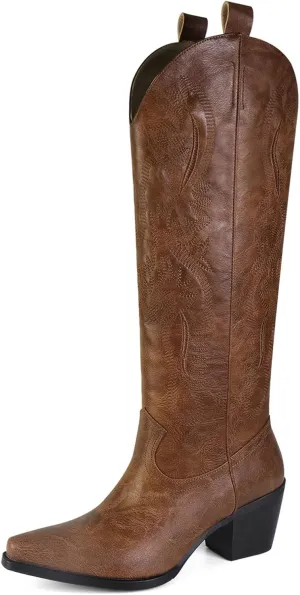 Cowboy Boots for Women Knee High Boots Pointy Toe Suede Boots with Embroidered Chunky Heel Western Cowgirl Boots