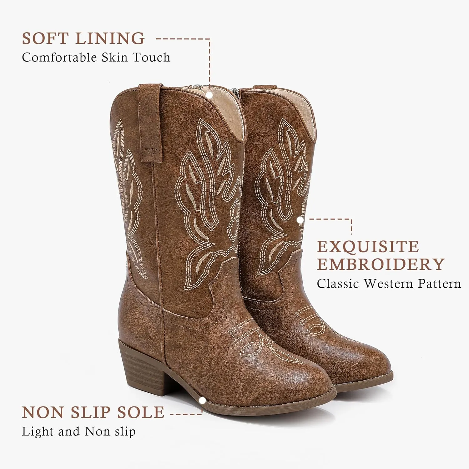 Cowgirl Boots for Little Girls Mid Calf Pointed Toe Kid Cowboy Boots Side Zipper Classic Embroidered Western Boots Horse Riding Shoes Party for Toddler Little Big Kids