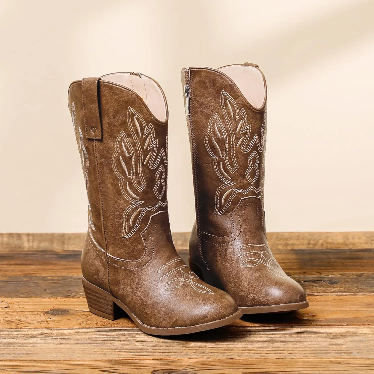 Cowgirl Boots for Little Girls Mid Calf Pointed Toe Kid Cowboy Boots Side Zipper Classic Embroidered Western Boots Horse Riding Shoes Party for Toddler Little Big Kids