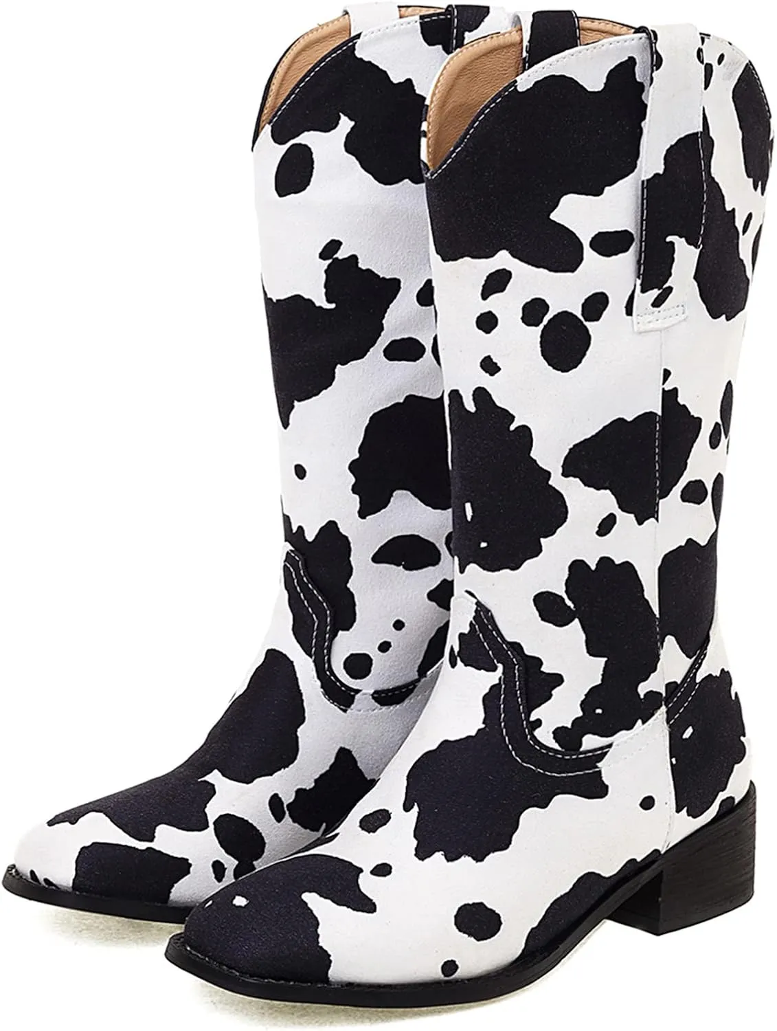 Cozivwaiy Women Mid Calf Cowboy Boots Chunky Heel Half Boots Cow Print Western Boots Plus size (US 4-12.5)