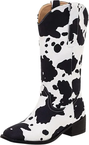 Cozivwaiy Women Mid Calf Cowboy Boots Chunky Heel Half Boots Cow Print Western Boots Plus size (US 4-12.5)