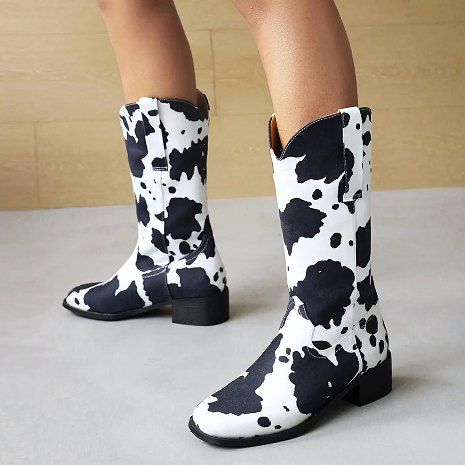 Cozivwaiy Women Mid Calf Cowboy Boots Chunky Heel Half Boots Cow Print Western Boots Plus size (US 4-12.5)