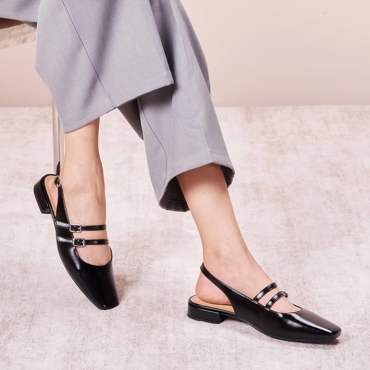C.Paravano Women's Slingback Flats | Sandals Square Toe Dress Shoes | Adjustable Ankle Strap Flats for Office，Weddings & Cocktail Parties