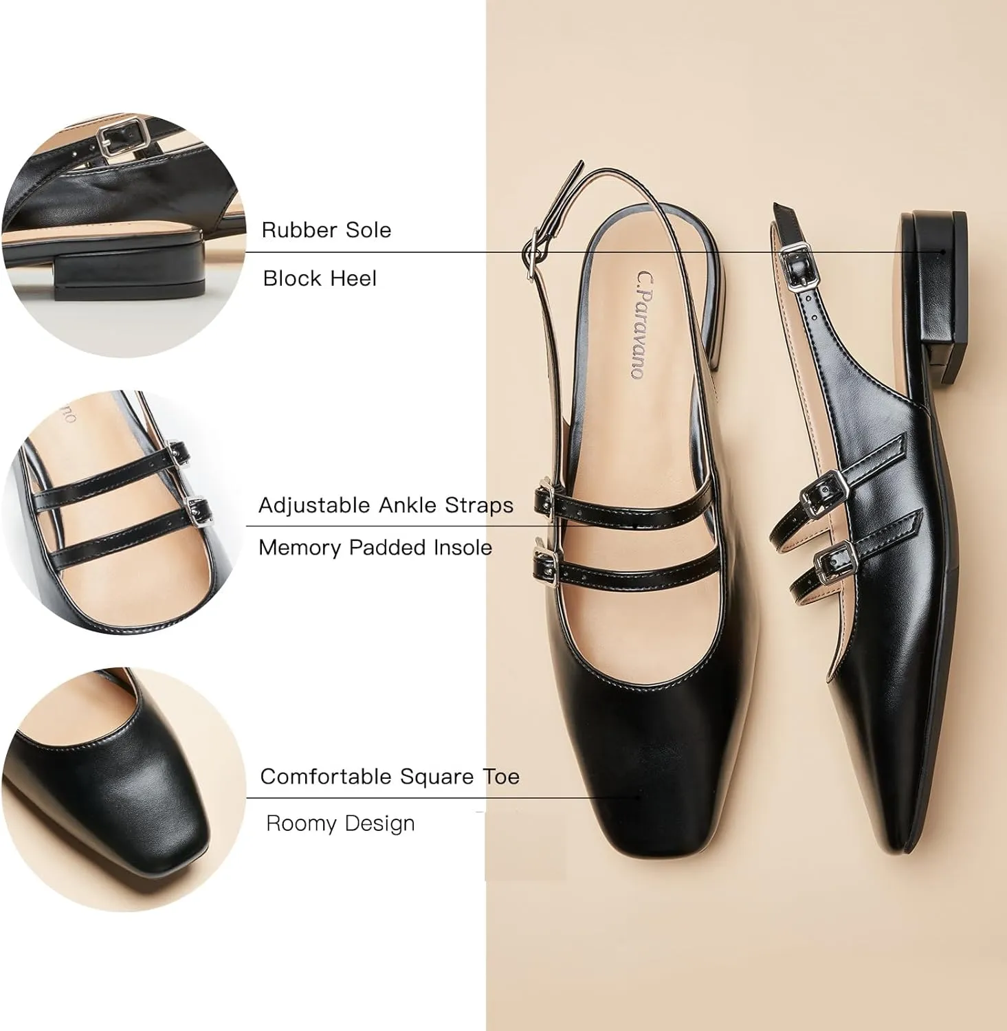 C.Paravano Women's Slingback Flats | Sandals Square Toe Dress Shoes | Adjustable Ankle Strap Flats for Office，Weddings & Cocktail Parties