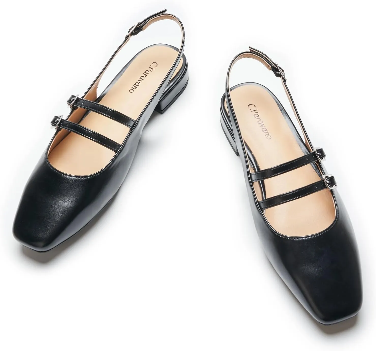 C.Paravano Women's Slingback Flats | Sandals Square Toe Dress Shoes | Adjustable Ankle Strap Flats for Office，Weddings & Cocktail Parties