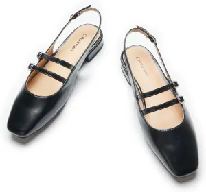 C.Paravano Women's Slingback Flats | Sandals Square Toe Dress Shoes | Adjustable Ankle Strap Flats for Office，Weddings & Cocktail Parties