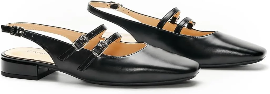 C.Paravano Women's Slingback Flats | Sandals Square Toe Dress Shoes | Adjustable Ankle Strap Flats for Office，Weddings & Cocktail Parties