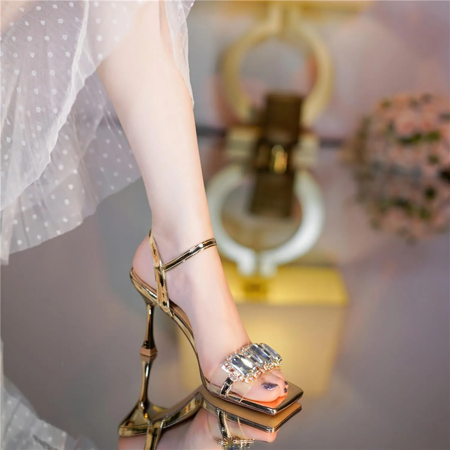 Crystal Sandals Clear Slingback Heels For Party Wedding Sexy Wedding Dress Shoes Open Toe Ankle Strap Heeled Sandals Comfortable Thick Heels