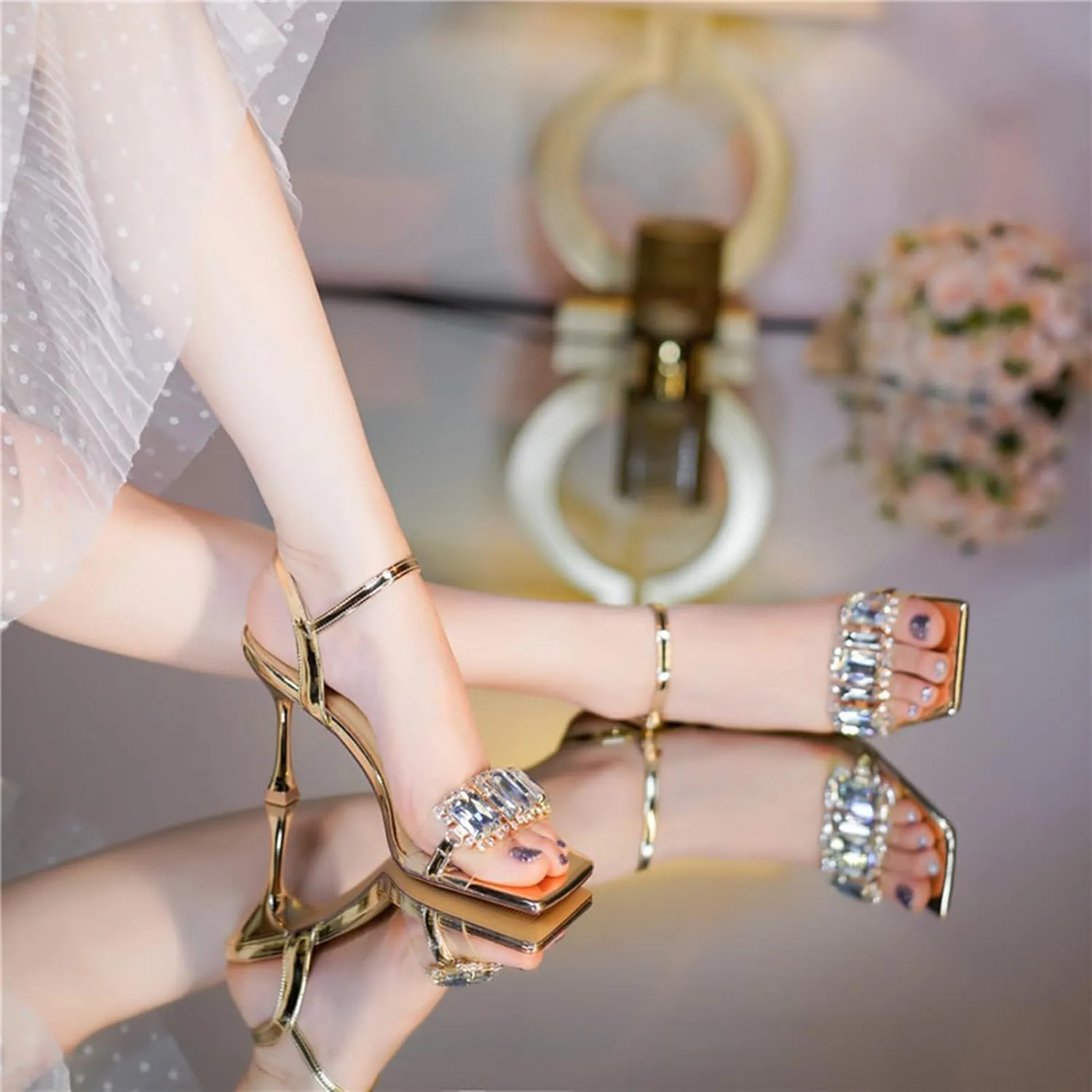 Crystal Sandals Clear Slingback Heels For Party Wedding Sexy Wedding Dress Shoes Open Toe Ankle Strap Heeled Sandals Comfortable Thick Heels