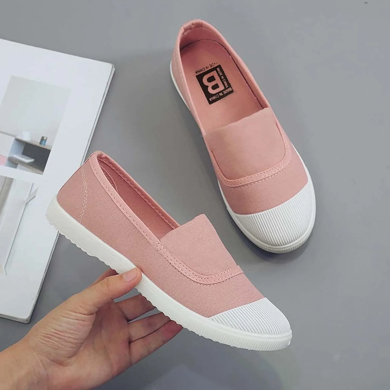 CsgrFagr Women Girls Round Toe Solid Casual Loafers Singles Canvas Shoes Girl Shoes Casual (Pink, 5.5)