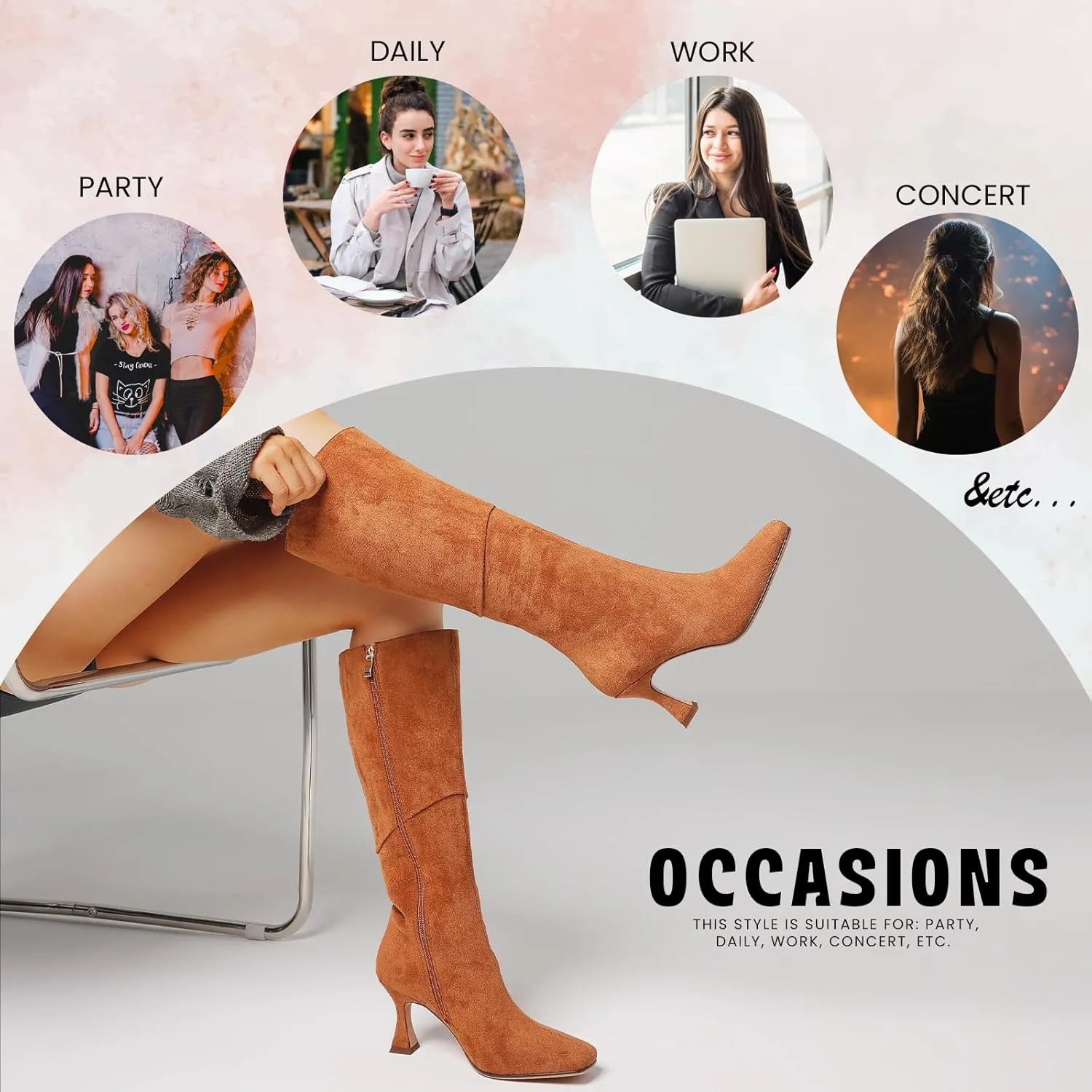 CYNLLIO Knee High Boots Women Square Toe Kitten High Heel Tall Boots Fashion Side Zipper Stiletto Heel Long Boots