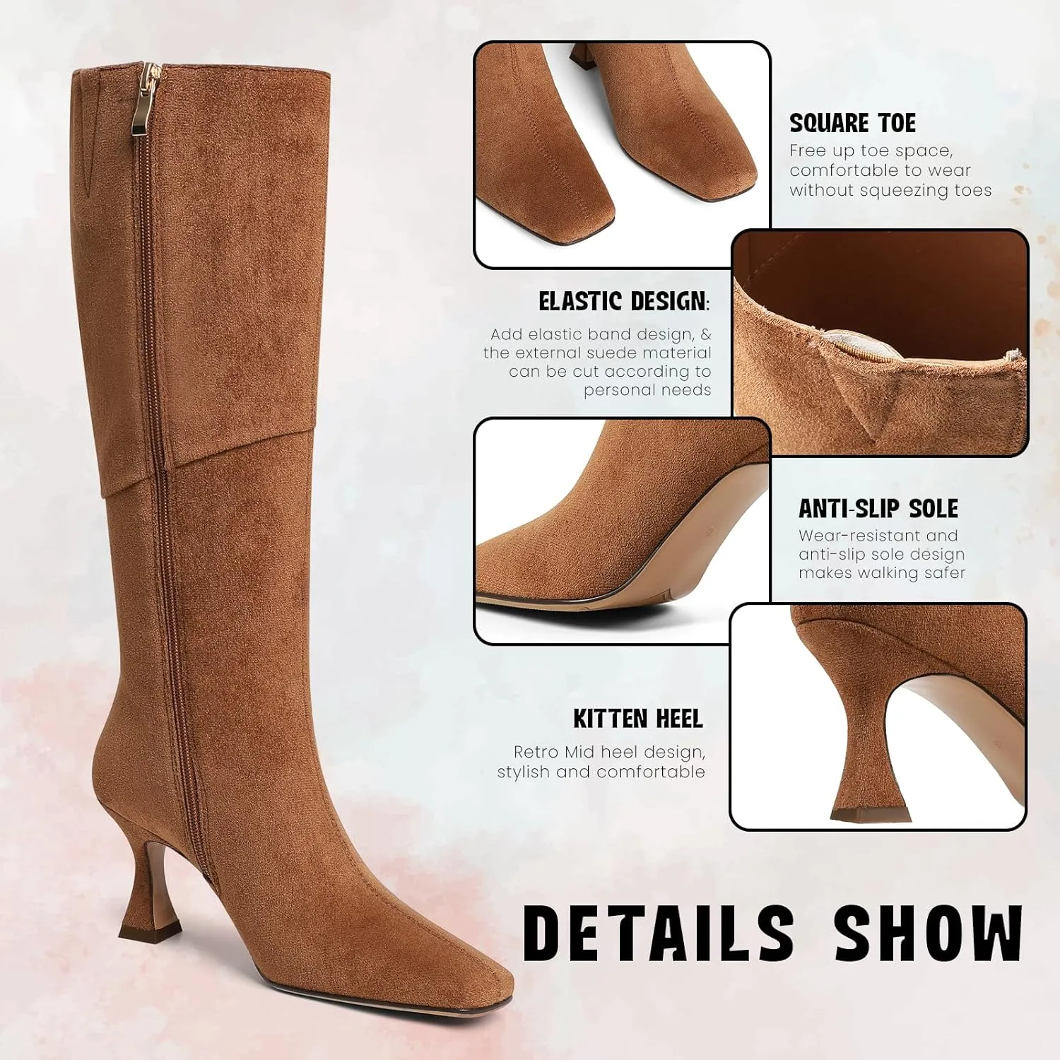 CYNLLIO Knee High Boots Women Square Toe Kitten High Heel Tall Boots Fashion Side Zipper Stiletto Heel Long Boots