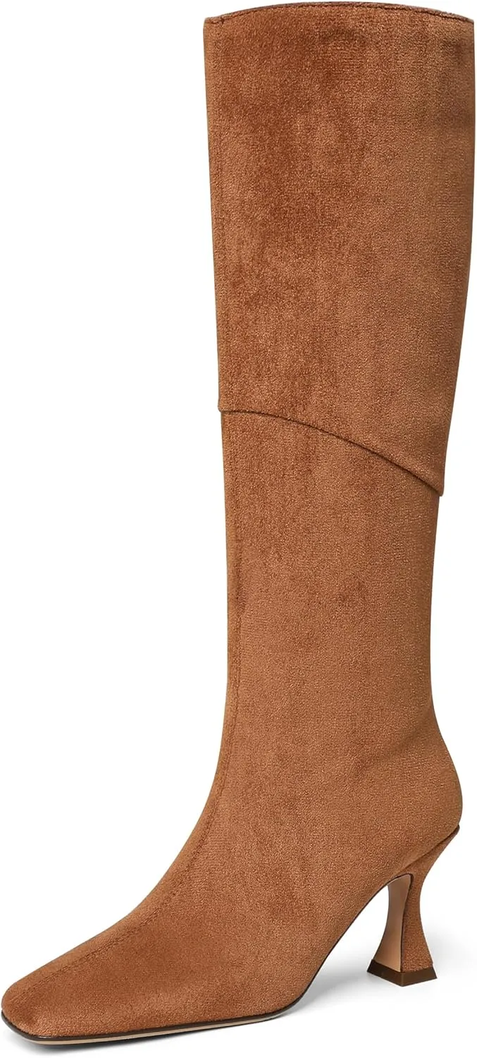 CYNLLIO Knee High Boots Women Square Toe Kitten High Heel Tall Boots Fashion Side Zipper Stiletto Heel Long Boots